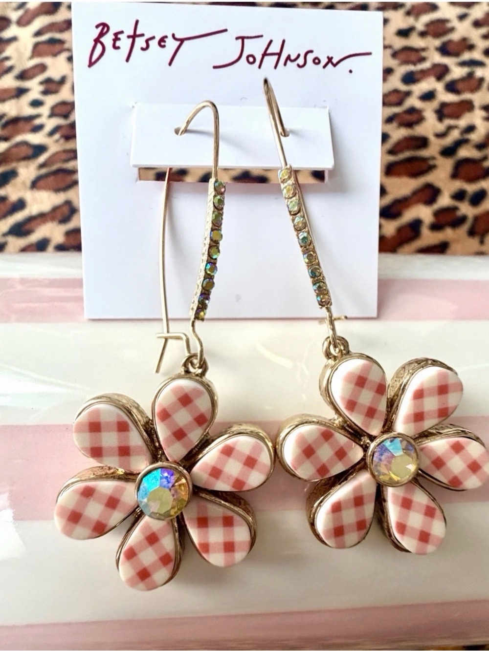 Betsey Johnson Pink Gingham Floral Dangle Earrings